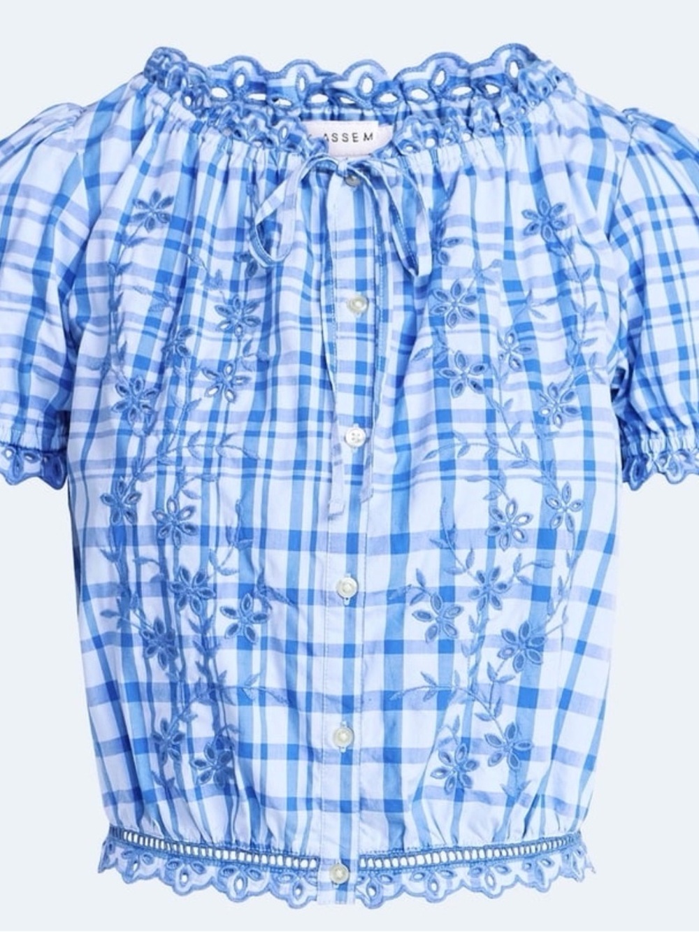 Sleeper Blue Gingham Embroidered Women's Peasant Blouse
